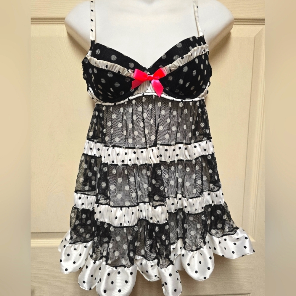 VICTORIA'S SECRET Black W White Polka Dot Satin Pink Bowties Open Closure Sz36C
